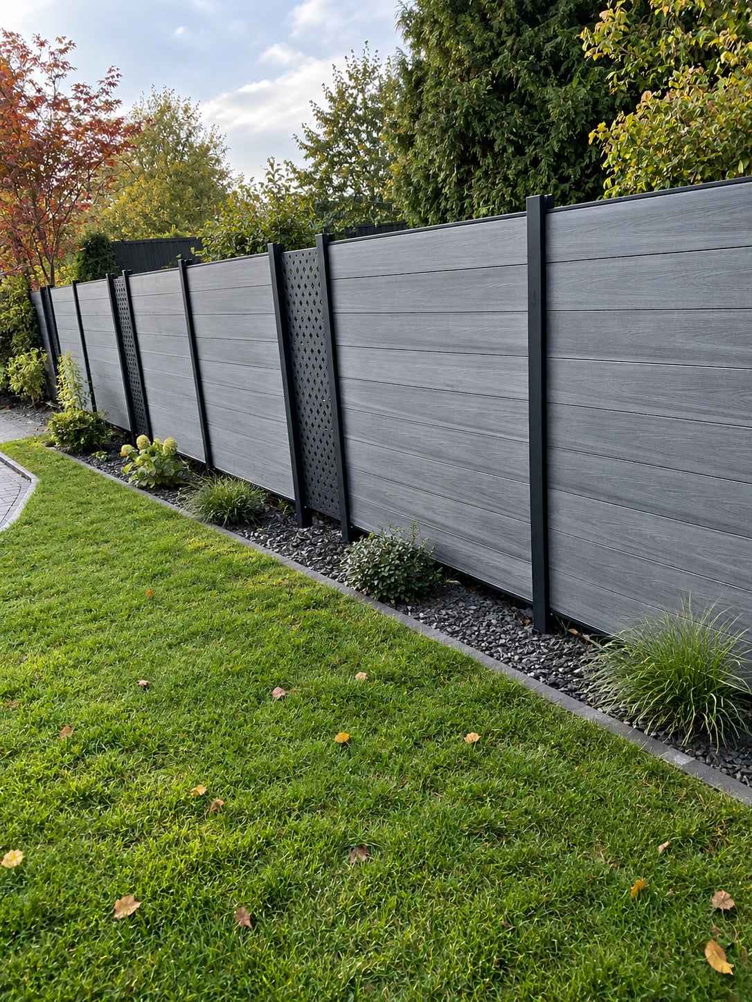 Grauer WPC-Zaun mit dunklen Pfosten und senkrechten Dekorelementen am bepflanzten Gartenrand